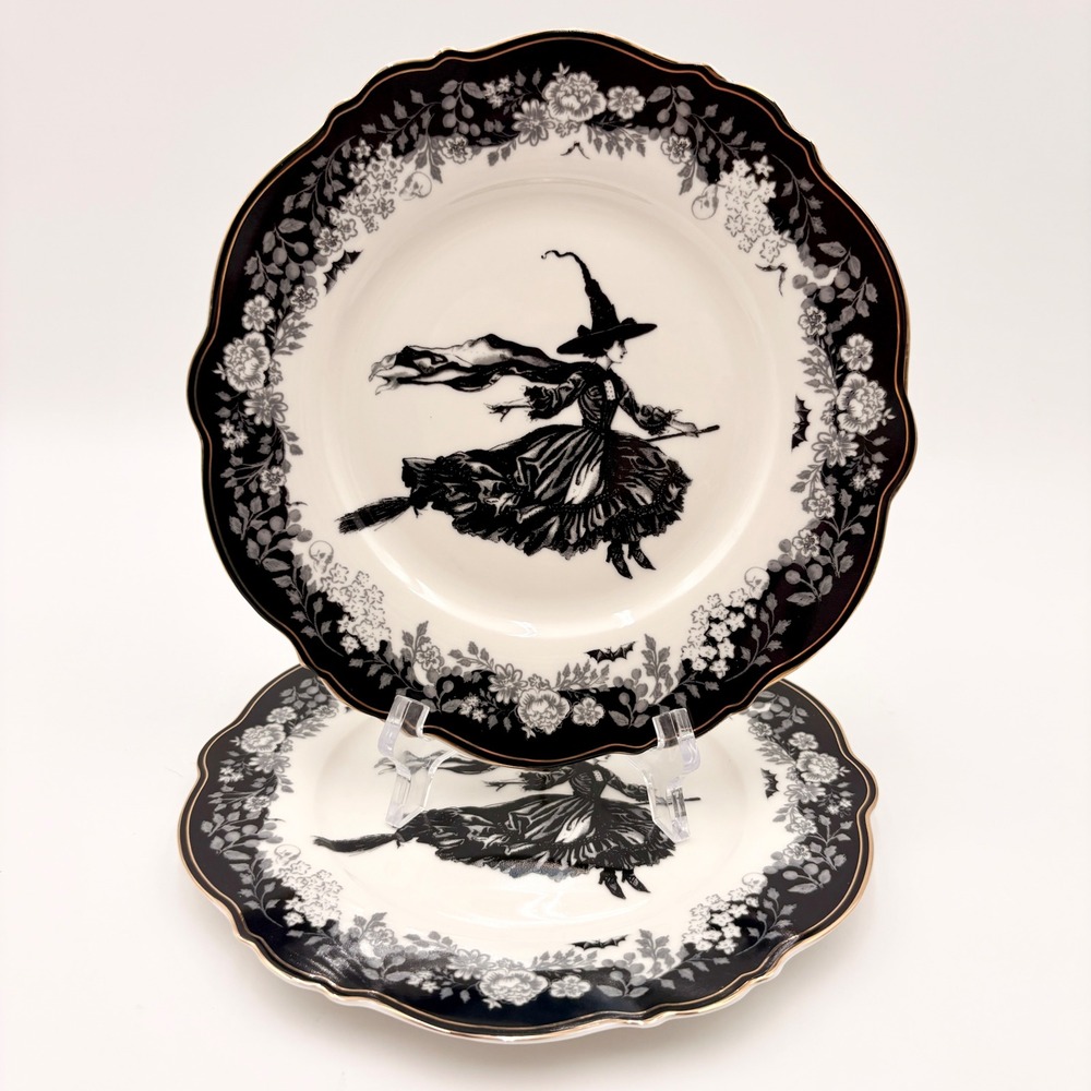 Envogue Witch Halloween Porcelain Salad Plates Set of 2 Black White Gold